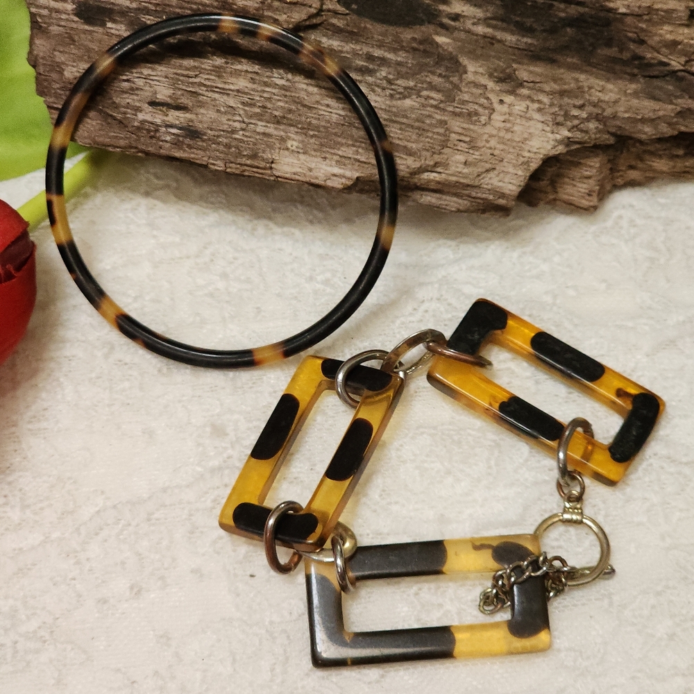 2 Vintage Tortoise Shell Pattern Plastic Bracelets